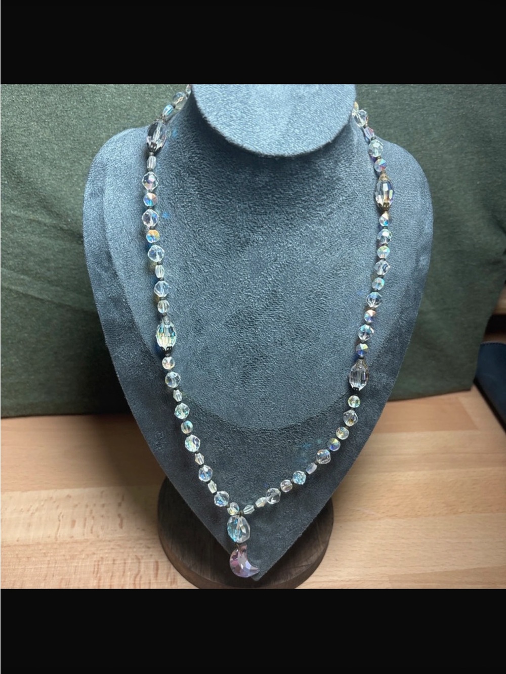 Aurora Crystal Bead Necklace with Crescent Moon Pendant - Iridescent